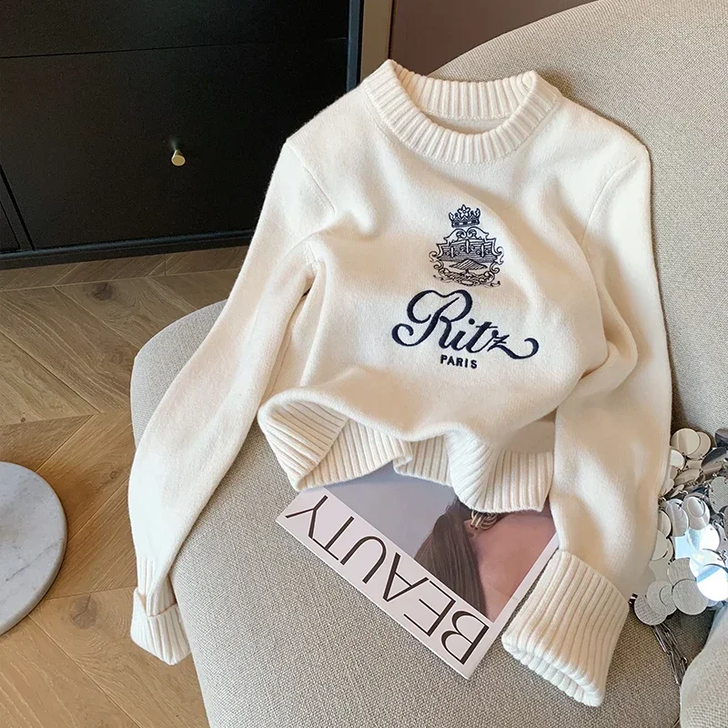 Boreathiman Letters Embroidery Round Neck Pullover Sweater Women Autumn Winter Cashmere Knit Casual Design Knitwear Tops