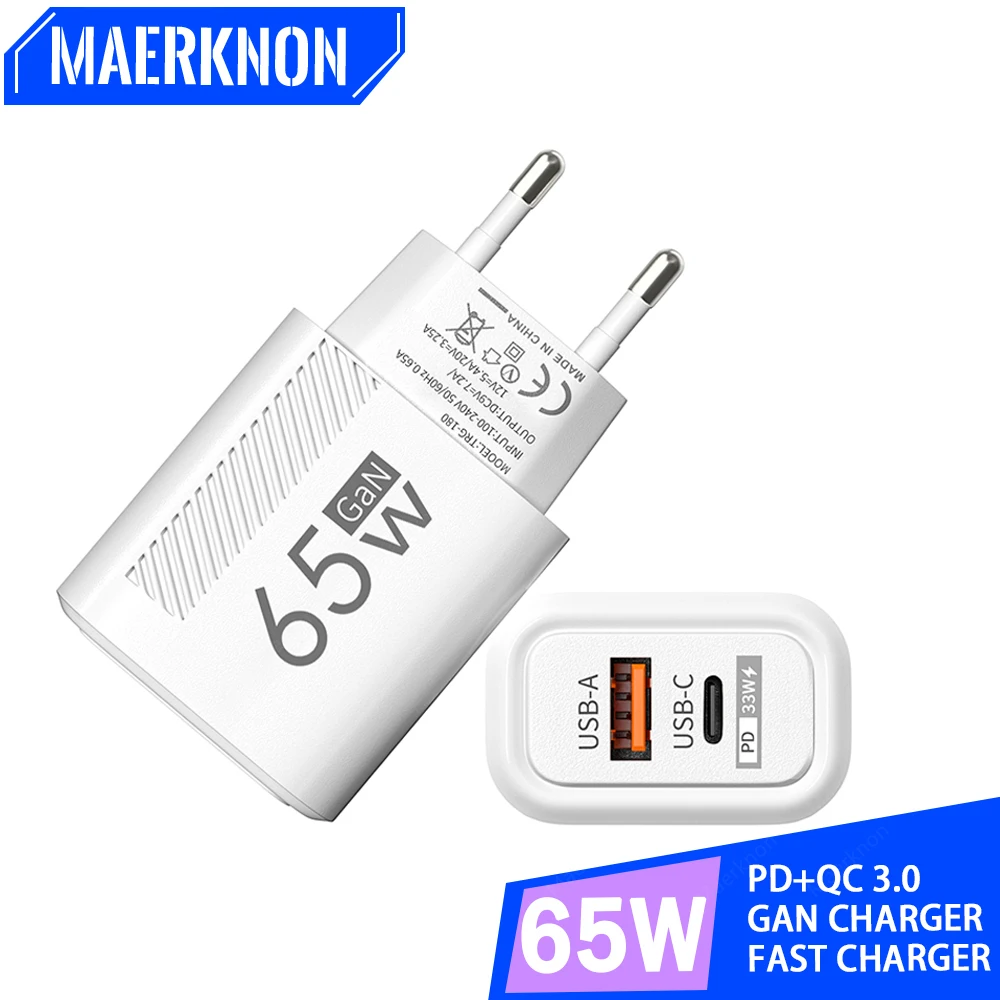 65W USB Fast Charge Charger GaN PD Type C EU/US Plug Wall Charger For iPhone 14 Xiaomi Samsung Huawei USB C Phone Charge Adapter