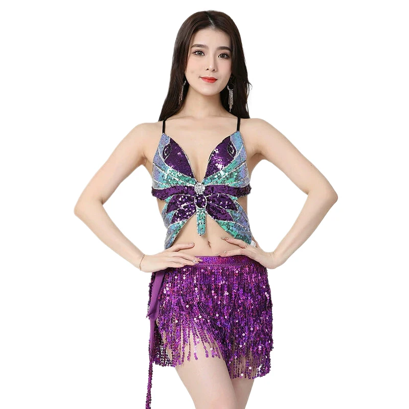 Damen 2-Teiliges Set Cosplay-Kostüm Funkelndes Schmetterlings-Crop-Top Quastenrock Halloween-Party Karneval Aufführung Tanz-Outfit – Detail 2