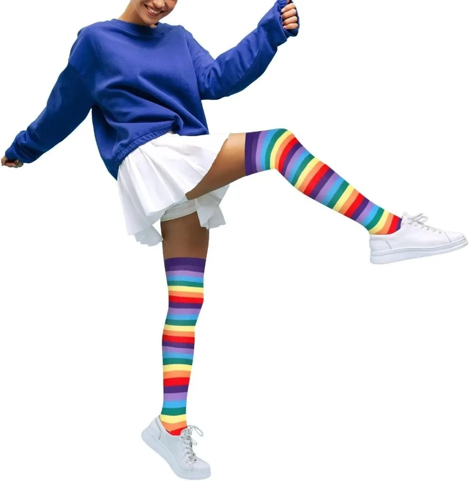 Calcetines largos hasta el muslo para mujer y niña, color arcoíris con rayas, disfraz de Halloween, tejidos y elásticos 5