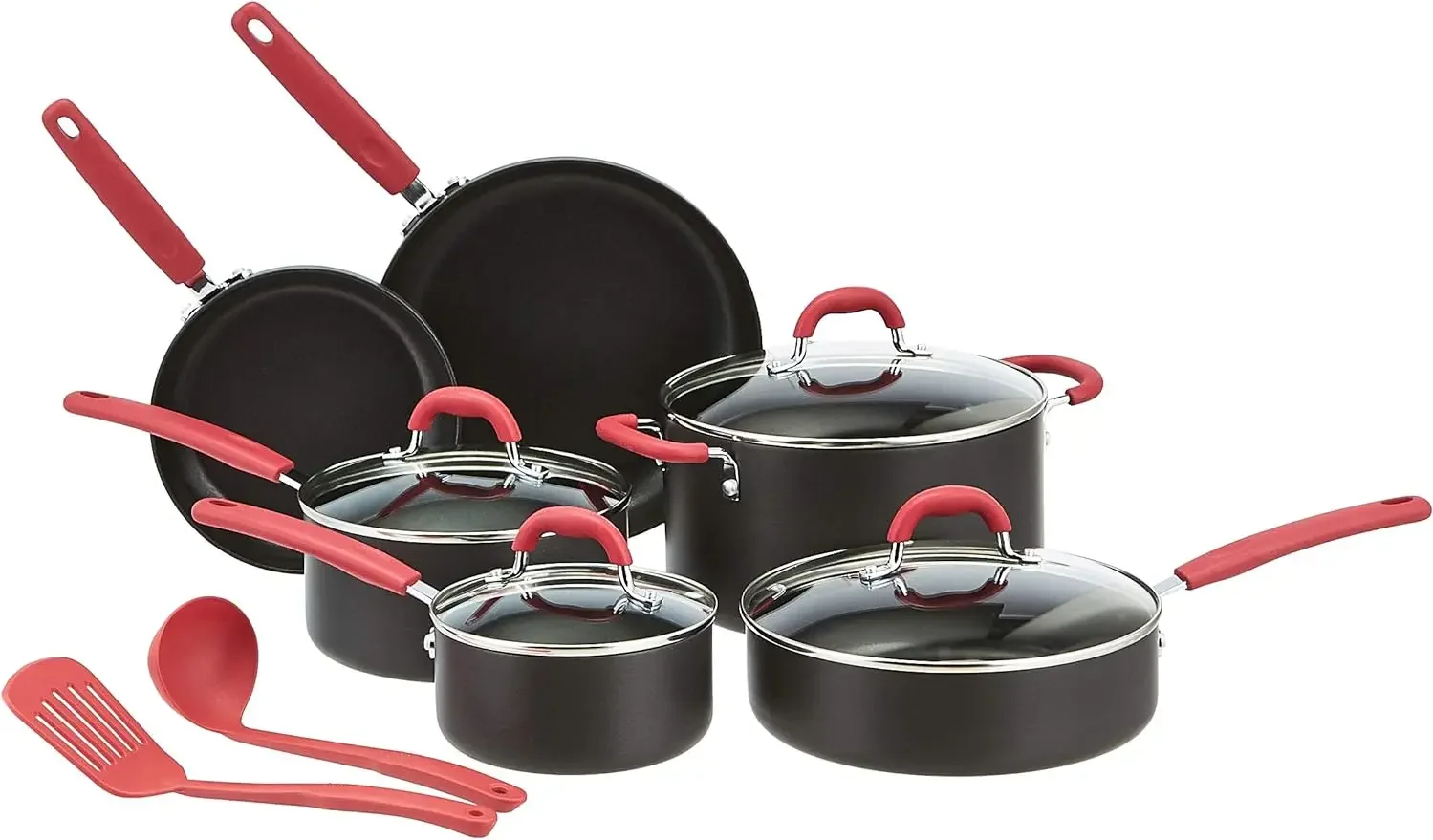 

Amazon Basics Hard Anodized Non-Stick 12-Piece Cookware Set, Red - Pots, Pans and Utensils