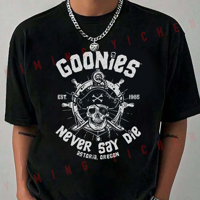 

Goonies Never Say Die Retro Officially Inspired 80s Movie Logo Iconic Skull T-Shirt Moto Summer Men's Casual O-Neck Tops Tee