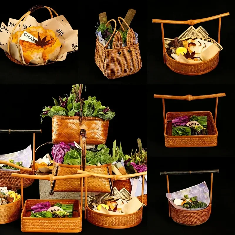 Natural Bamboo Vegetable Serving Basket Handwoven Hot Pot Platter for Mushroom Sashimi Display Rustic Kitchen Tableware Decor