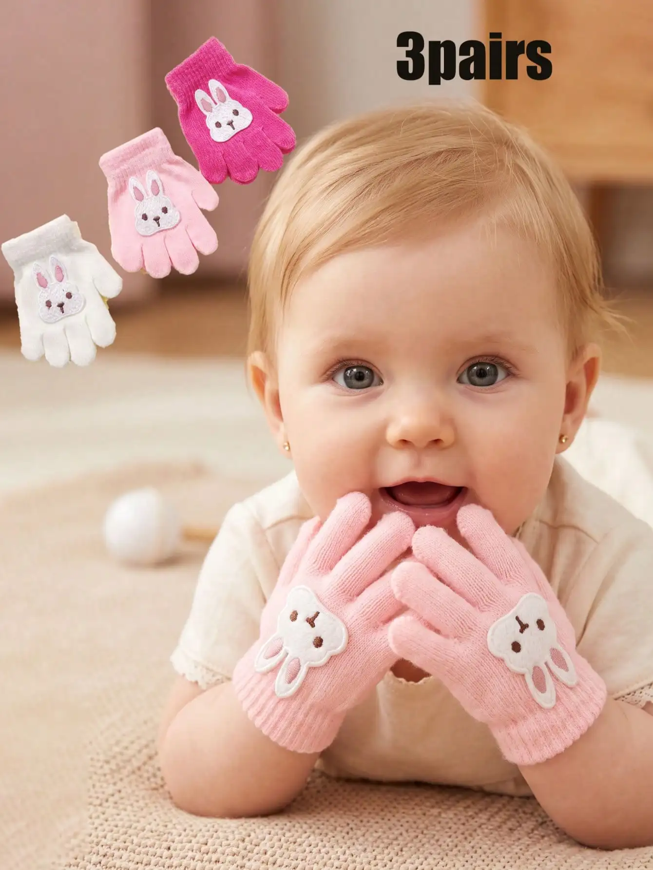 3Pairs 0‑12M Baby Girls Cute Cartoon Rabbit Knit Gloves Set, Candy‑Colored Full‑Finger Infant Knitted Hand Covers for Daily Wear