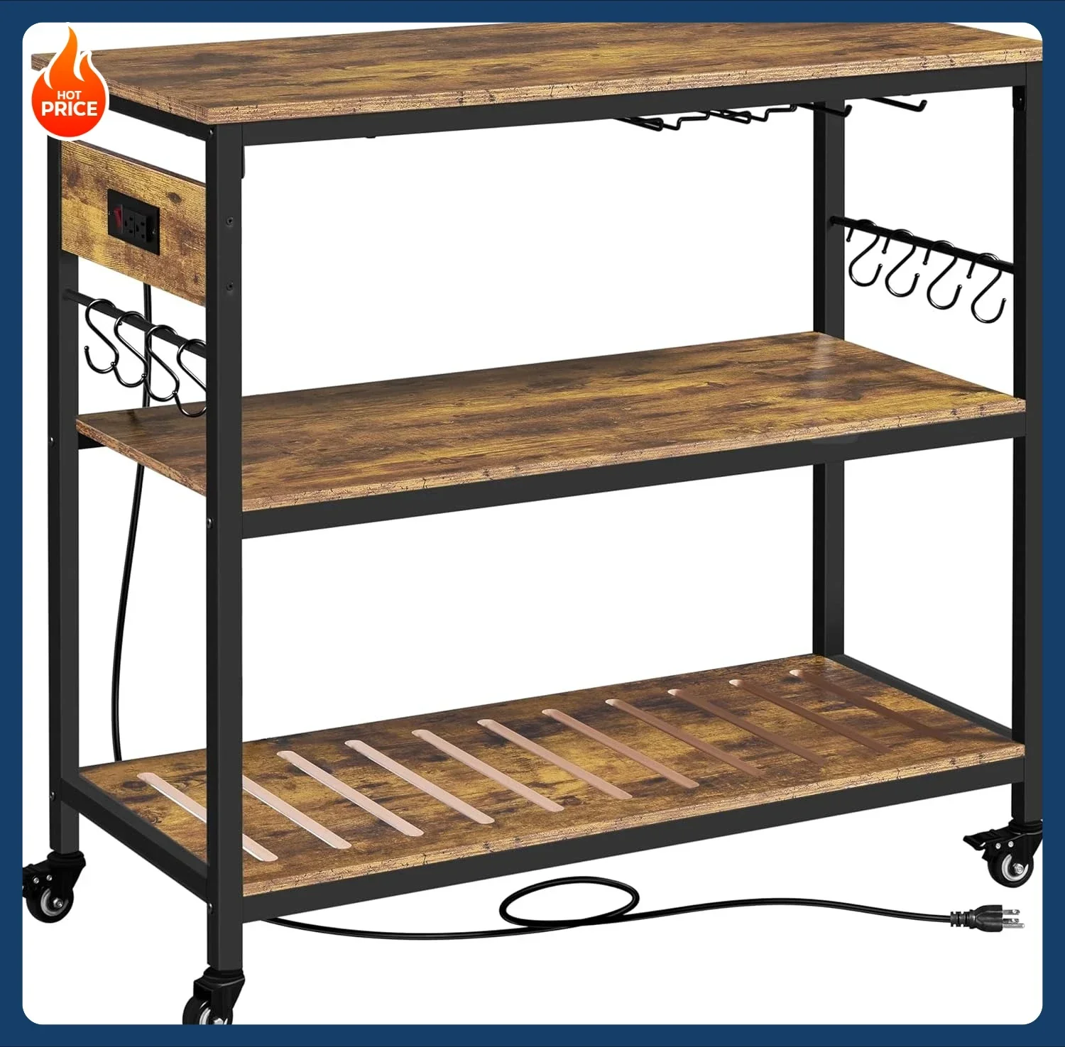 

[Hot Sale!]Kitchen Island Cart with Power Outlet, Kitchen Carts on Wheels with Storage, 3-Tier Microwave Stand with Foodpads, Gl
