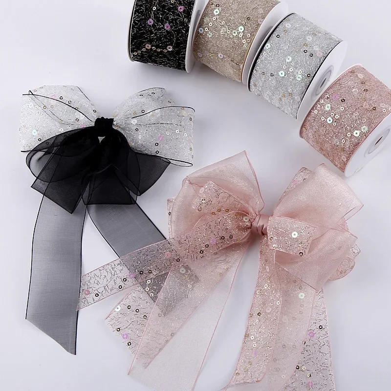 5Yards Sequin Chiffon Ribbon with Finished Edge for Clothing Sewing DIY Hair Bows Hat Decor Craft