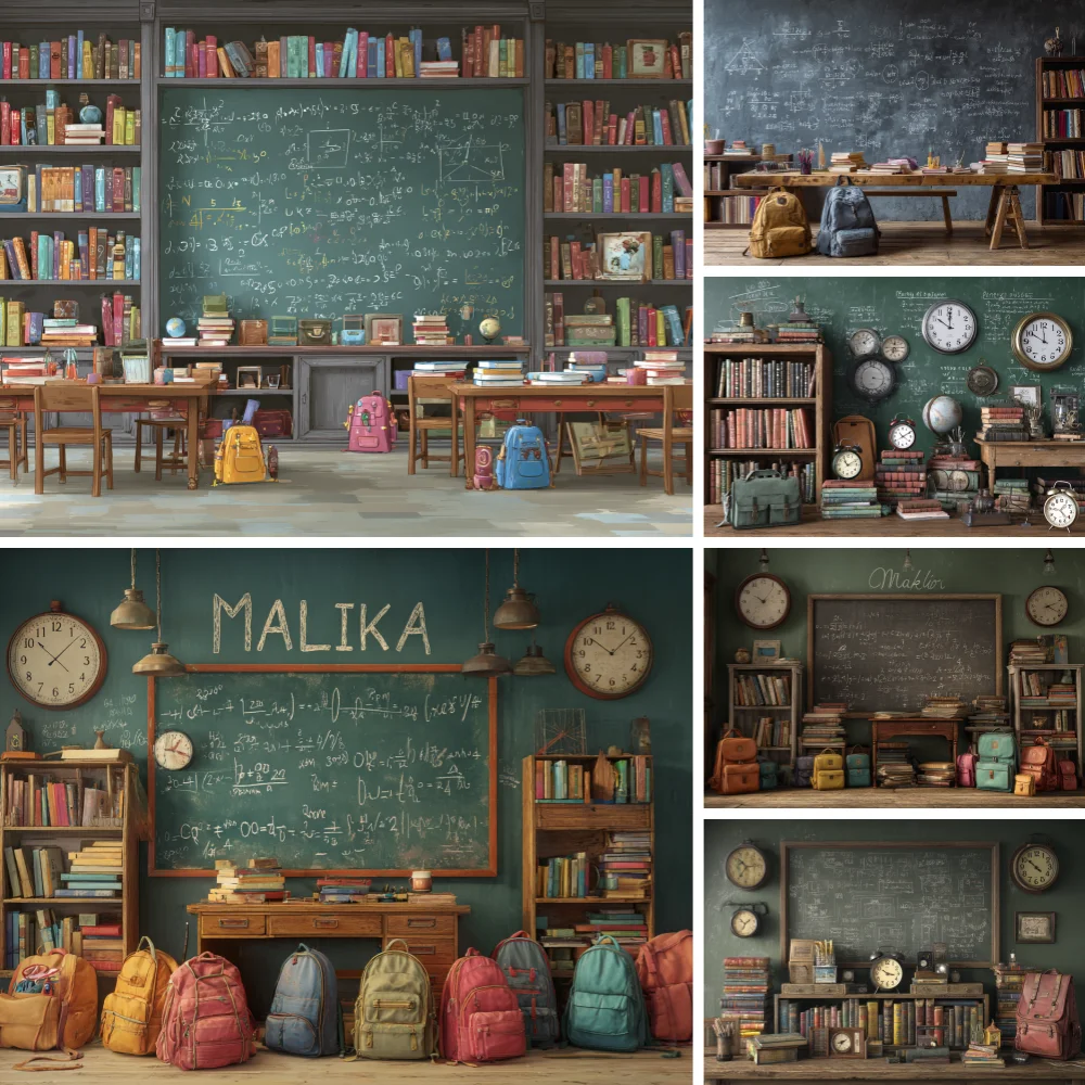 

Back to School Season Background Photography Schoolbag Teacher Chalkboard Globe Decorations Children Portrait Photo Banner