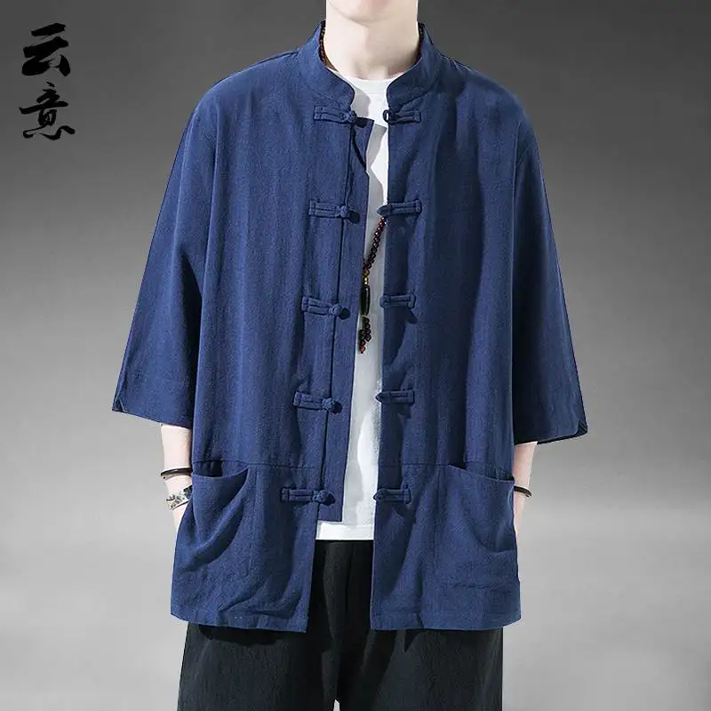 

Summer Men's Linen ort Sve Tang Suit Retro Five Sve Hanfu Cotton Linen Monastic Loose Fit Tea Clothing Button Detail