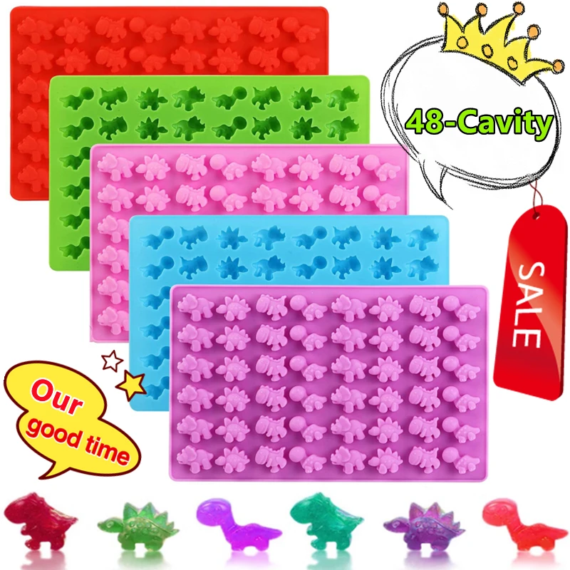 48-Cavity Dinosaur Chocolate Mold Dinosaur Shell Silicone Candy Mold with Dropper DIY Ice Cube Tray QQ Candy Fondant Mold Tools