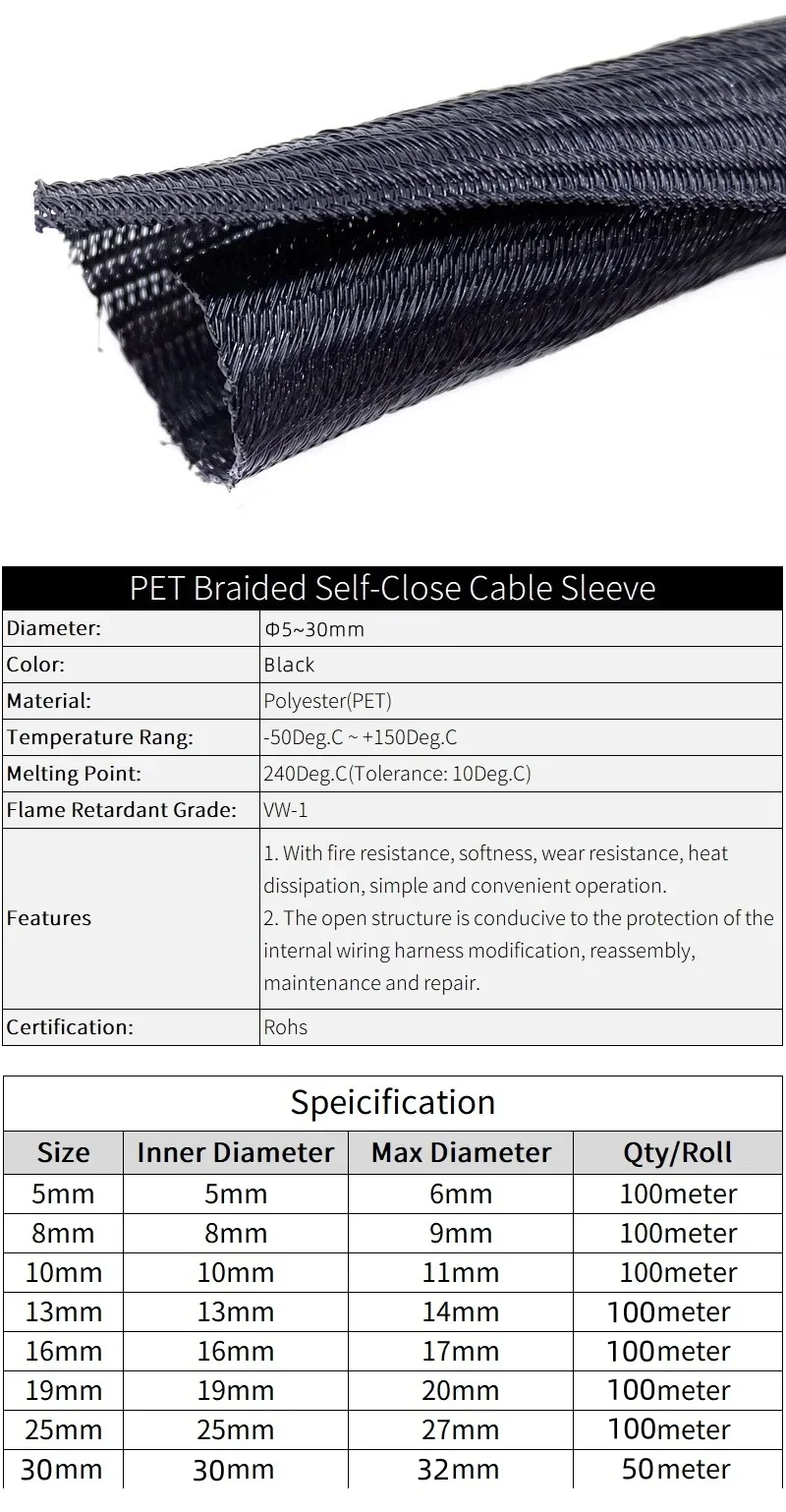 Expandable Cable Sleeve Self Closed PET Braided Management Auto Line Overlaps Flexible Loom Split Pipe Tube Wire Wrap Organizer