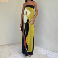 Women's Strapless Long Dress Summer Elegant Abstract Print Sleeveless Off-Shoulder Loose Tube Dress for Beach Vacation Party