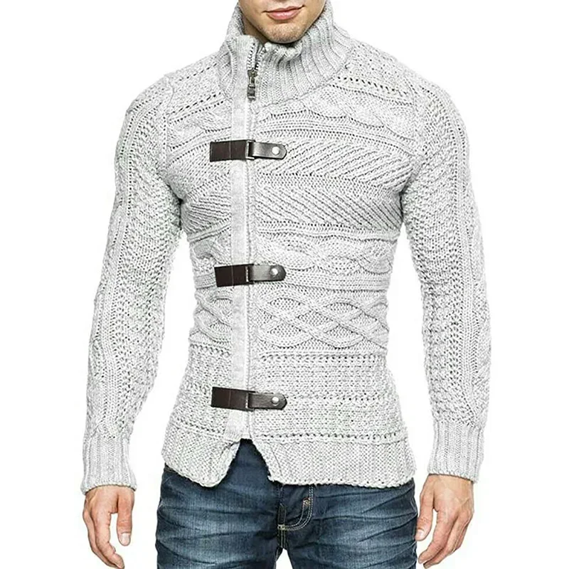 Men Sweaters Autumn Winter High Neck Sweater Men\'s Leather Buckle Long Sleeve Knitted Cardigan Coat Large Size Men Clothing