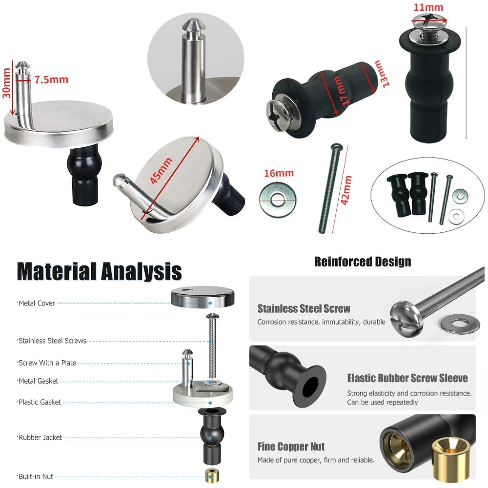 Toilet Seat Bolts & Screws Quick Release Top Hinge Fixings Expanding Rubber Top Nut Screws Universal Toilet Seat Replacement Kit