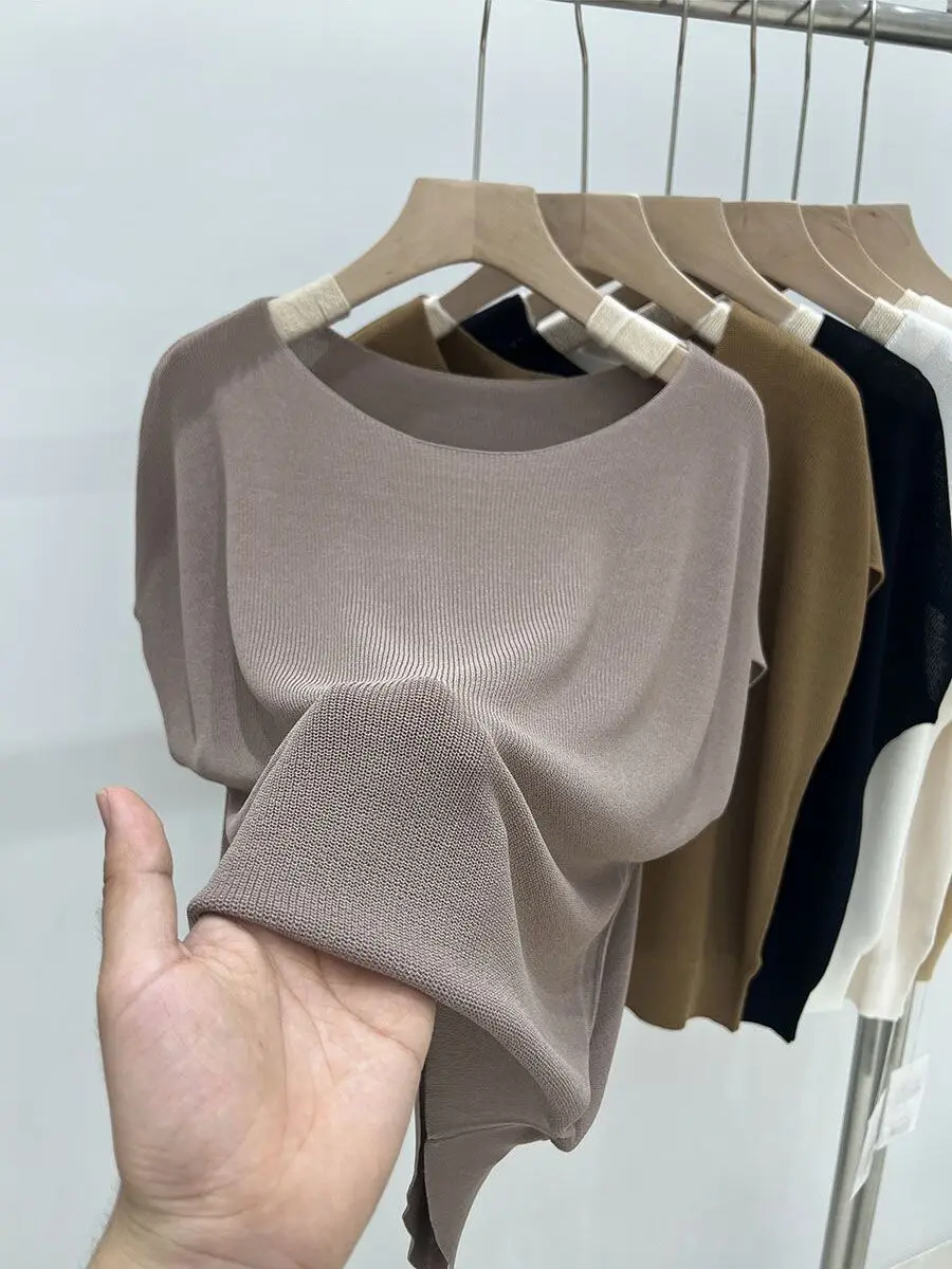 فضفاض واحد الكتف الحرير الجليد ort-Sve محبوك أعلى المرأة الصيف عارضة اللون رقيقة Sle مريحة للتنفس تي شيرت