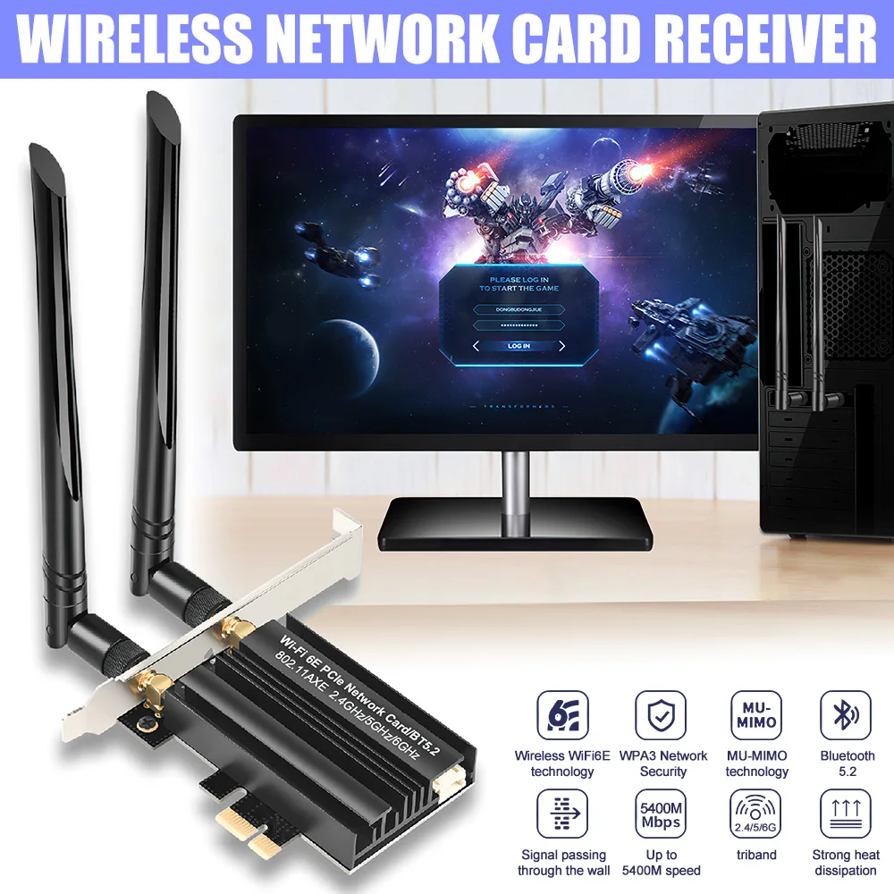 Adaptador Bluetooth 5,2 tarjeta Wifi Pci-E de alta velocidad tarjeta de red Wifi 6e conexión estable tarjeta de red de doble banda para oficina en línea