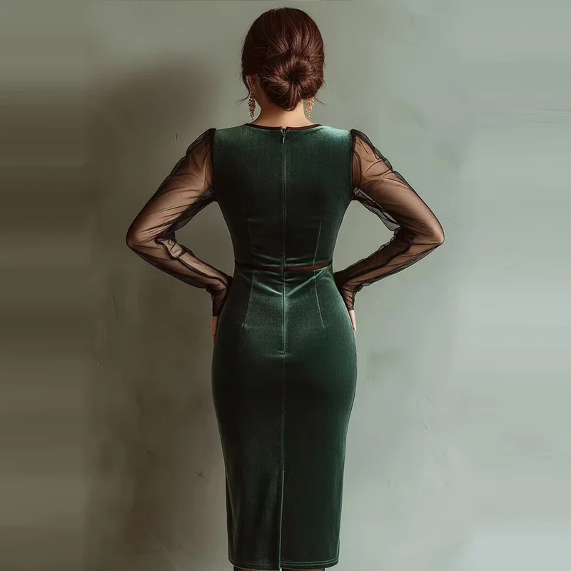 Sexy Mesh Long Sleeve Pleat Midi Dress Fashion Color-blocking Splicing Slim Skinny Dress Elegant V-neck Hight Waist Party Dress