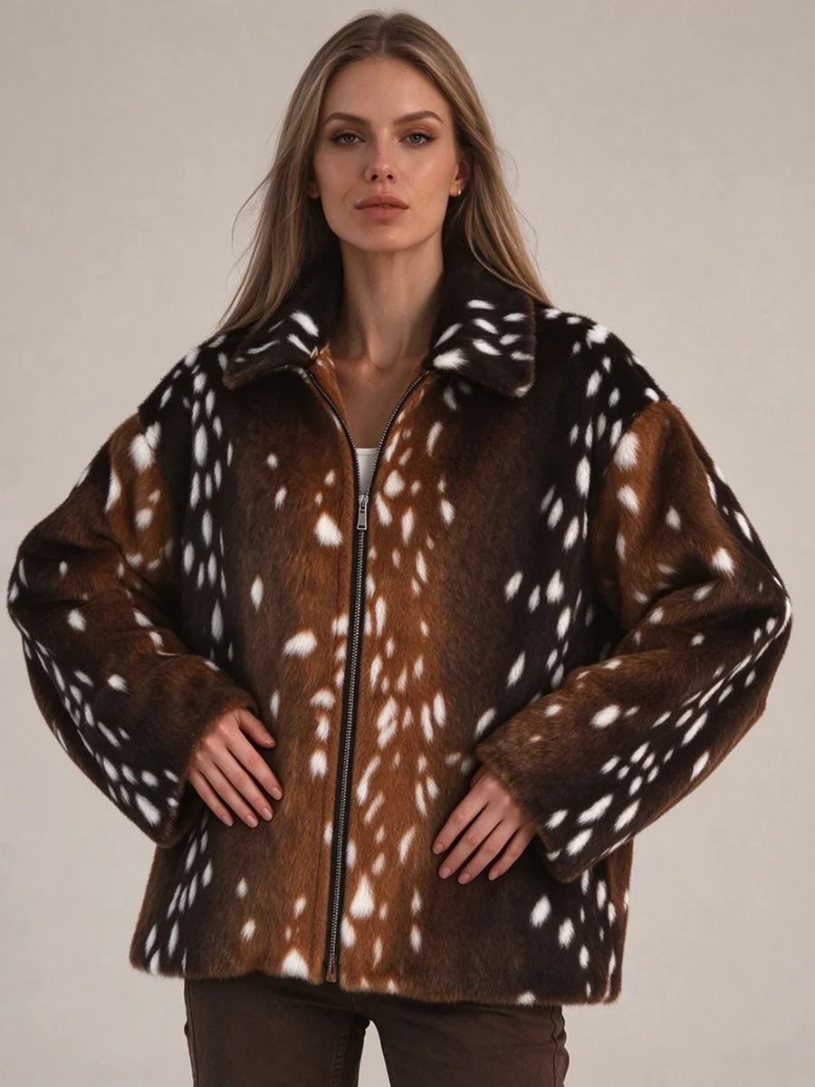 LIMO Women Deer Spotted Faux Fur  Coat Lapel Collar Zipper Plush Winter Warm Outerwear