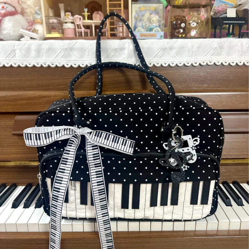 

Girls Polka Dot Piano Key Handbag Black And White Retro Shoulder Bag Fashion Y2k Large Capacity Briefcase Lace Bow Cute Ita Bag