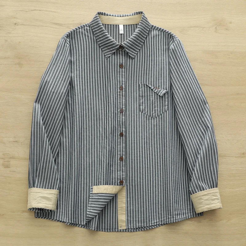 جديد 2025 الخريف قميص قطني بكم طويل ، المرأة التلبيب مخطط جيب غير منتظم ، موري فتاة موضة بلوزة فضفاضة غير رسمية T59850CC #4