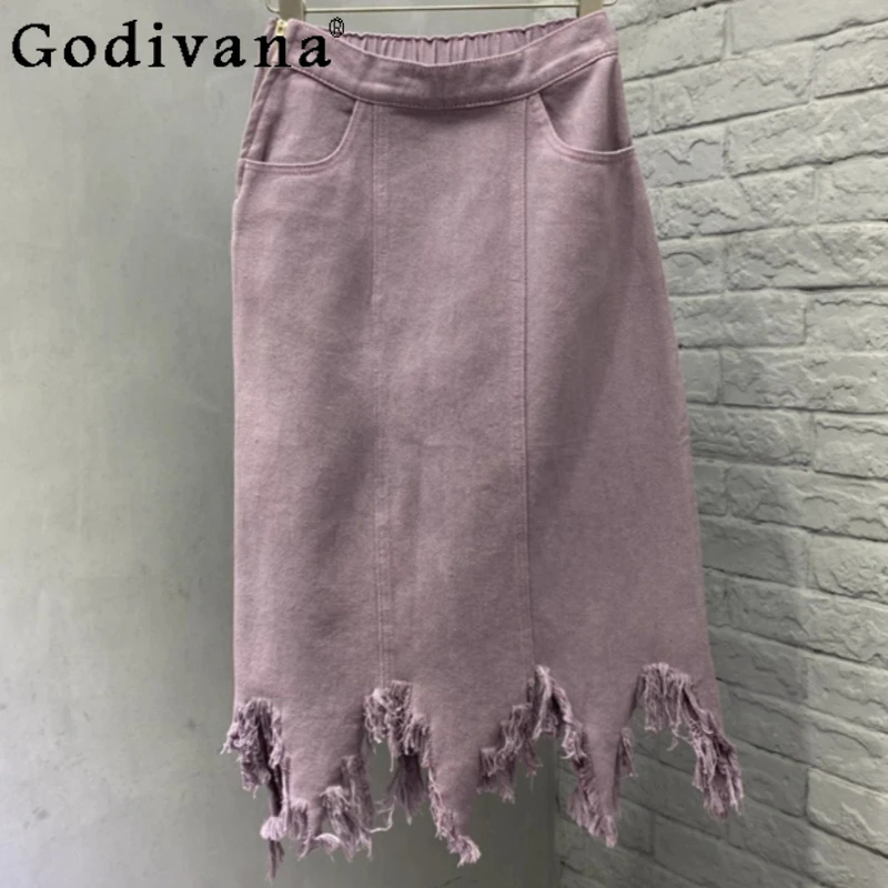 大サイズフリンジガール夏の新ハイウエストルーズ不規則なデニムスカートエレガントなパープルロング A ラインシンプルな多用途スカート