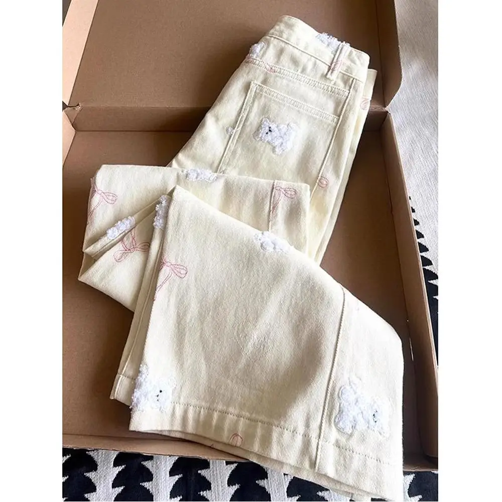 

Y2K джинсы с вышивкой, женские широкие брюки с принтом плюшевого мишки, свободные повседневные облегающие длинные весенние брюки Design Sense