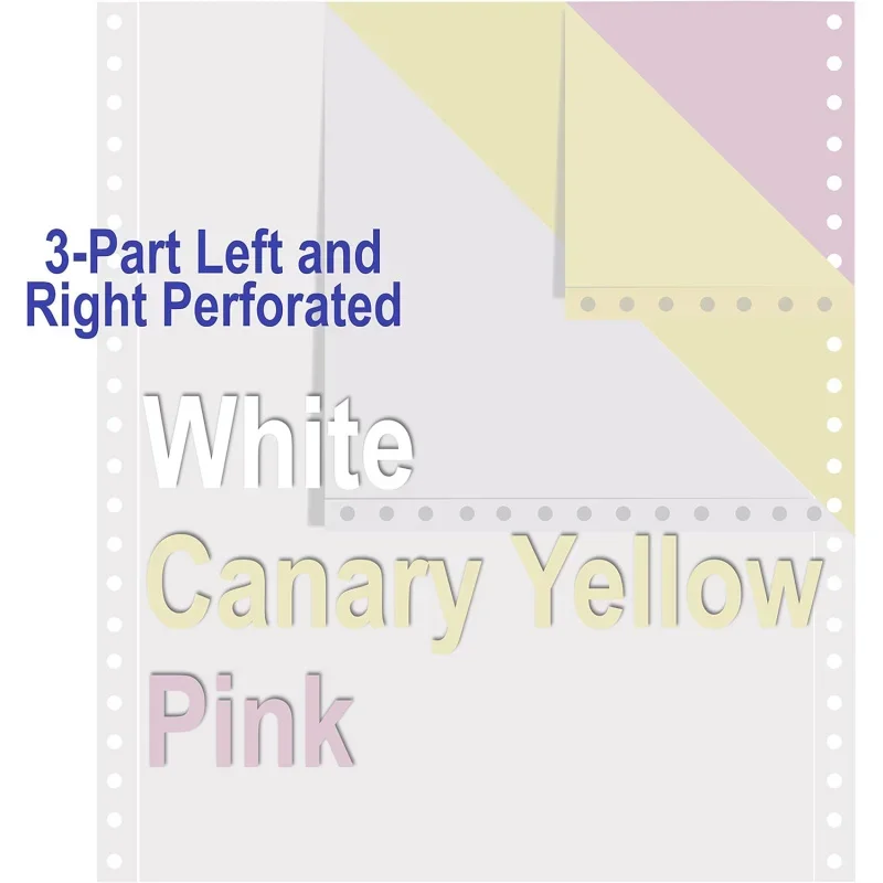 Continuous Carbonless Computer Paper 9.5 x 11, Blank Left and Right Perforated, 15 lb, 3-Part White/Canary/Pink (1,200 Sheets) -