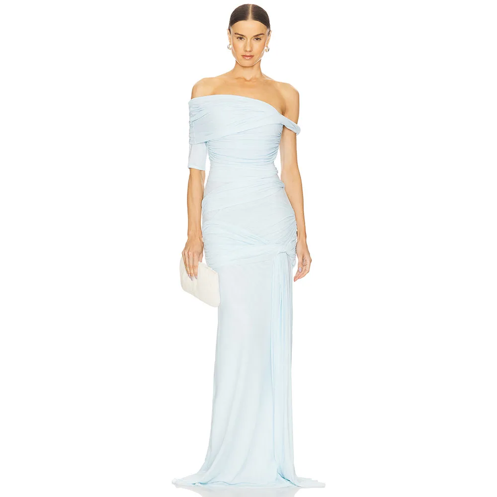 

Modern Sky Blue Women's Evening Gown For Wedding One Shoulder Mermaid Prom Dress Pleat Floor Lengt Formal Party Dressh