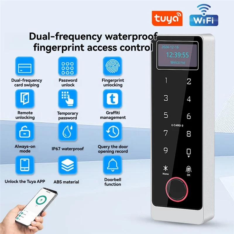 【تصميم أنيق】وحدة تحكم قفل الباب الذكية Tuya Wifi مع شاشة LCD، بطاقة IC لبصمة الإصبع NFC IP67 مقاومة للماء، التحكم في التطبيق