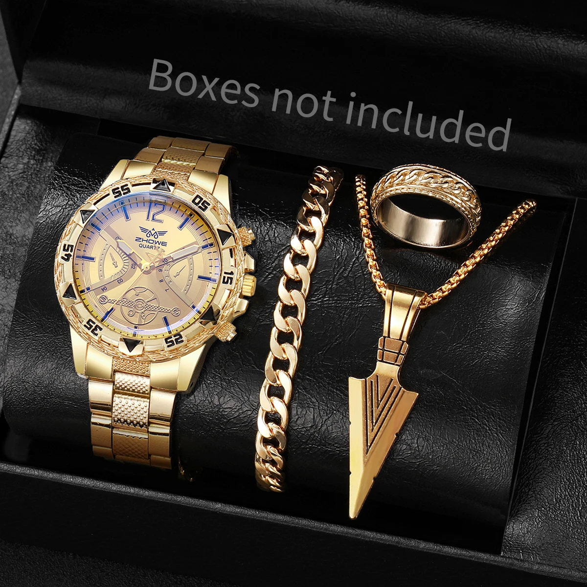 4 ピース/セット高級メンズクォーツ時計ファッションラージダイヤルメンズビジネス腕時計ジュエリーセットリロイ Hombre (箱なし)