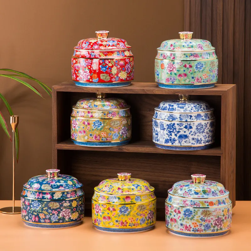 Colorful Flower Gold-Plated Ceramic Tea Canister Moisture-Proof Sealed Candy Jar Storage Container Colorful Floral Porcelain Jar