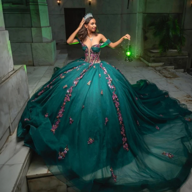 

Черно-зеленые блестящие платья Quinceanera с открытыми плечами, аппликация, кружево, бисер, кристалл, тюль, корсет, вечерние, день рождения, милое платье 16,