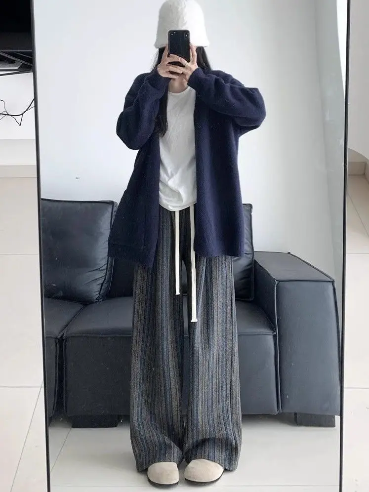 Casual Wide Leg Pant Stripe Straight Trousers Autumn Winter Wide Feet Drawstring