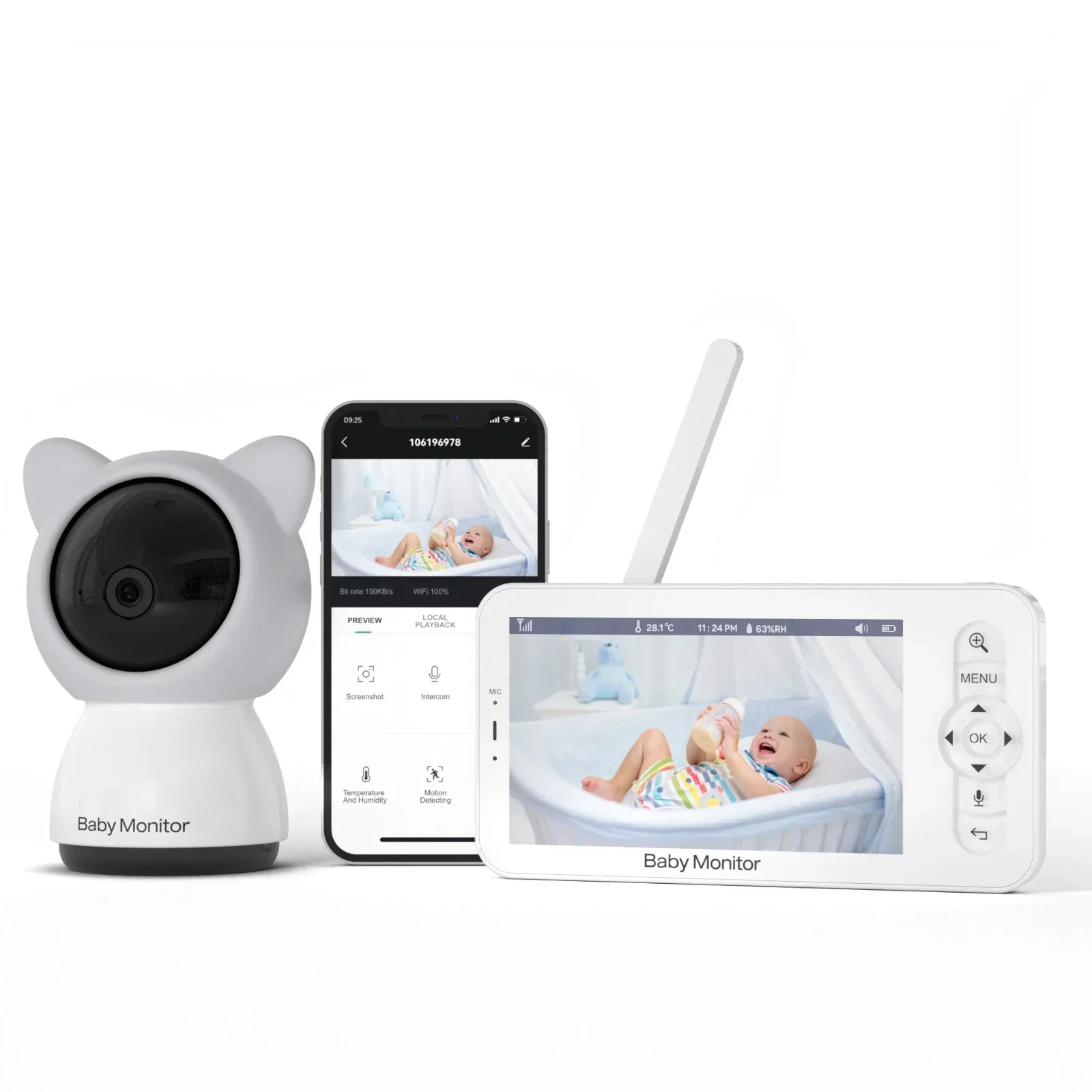 Draadloze Wifi Ptz Temperatuur & Vochtigheid Monitoring Nanny Cam Babysitter Camera 5Inch Ips Scherm Ip Babyfoon Voeding Herinneren