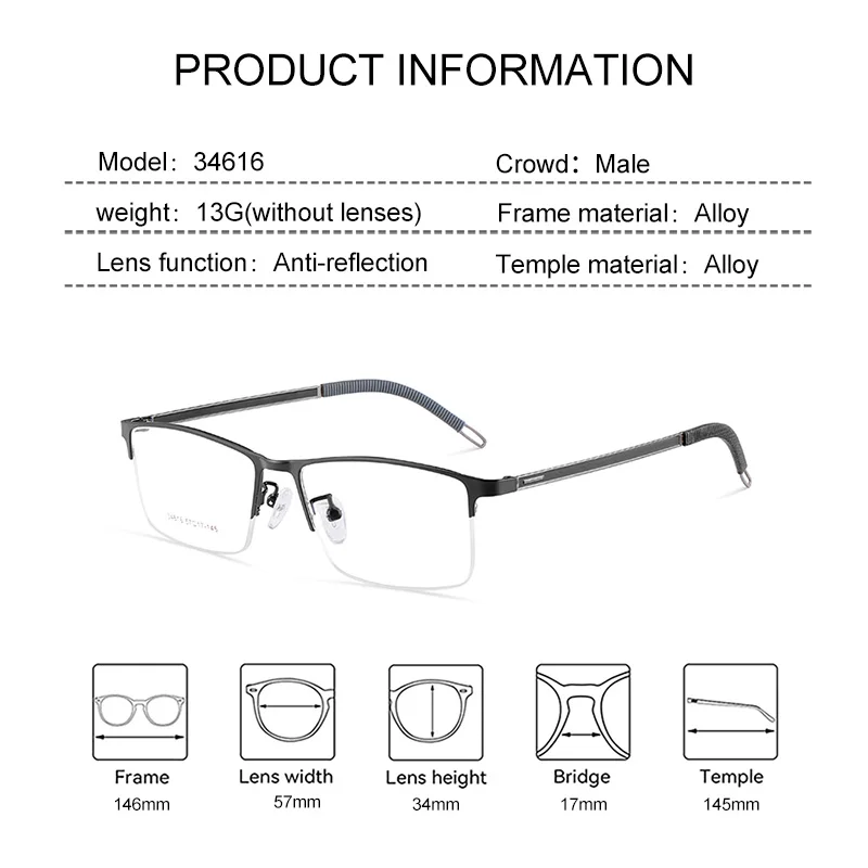EYORA Men Business Metal Half-Frame Reading Glasses Myopia Eyewear Hyperopia Anti Blue Light Progressive Photochromic Eyewear