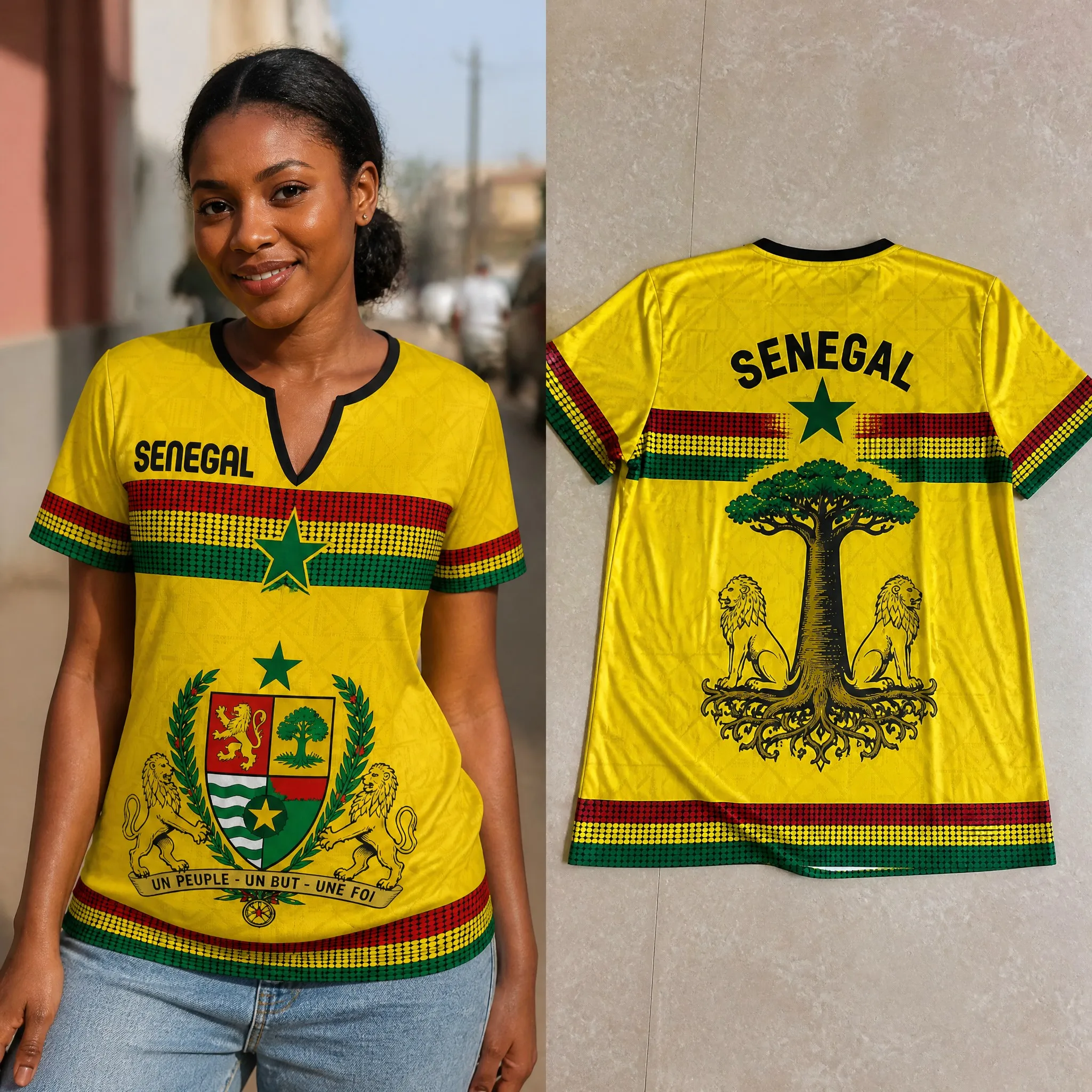 Womens Senegal Small V Neck T Shirt Yellow Crest Lion Stripe Print Short Sleeve Casual Summer Baobab Tree Graphic Tee Daily Tee