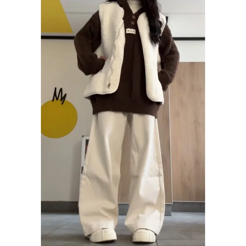 화이트 하이웨이스트 와이드 레그 진 여성용 가을 겨울 루즈 스트레이트 캐주얼 다용도 롱 팬츠 여성용 청바지