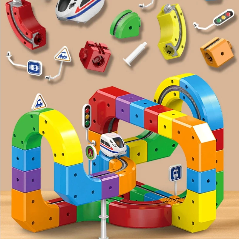 Montagem de trem ferroviário mágico conjunto quebra-cabeça brinquedo pai criança interativo crianças brinquedo não controle remoto trem ferroviário presente natal