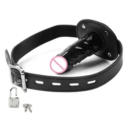 SM Stimulation Products Black Premium PU Leather with Lock Strap Simulation Penis Mouth Plug Couple Sex Toys Adult Products