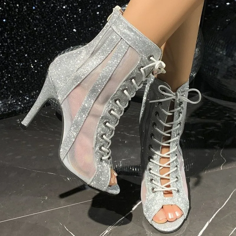 

Summer Shiny Women Dance Boots High Heels Sexy Stilettos Sandals Woman Latin Dance Shoes Ladies Open Toes Banquet Party Shoes