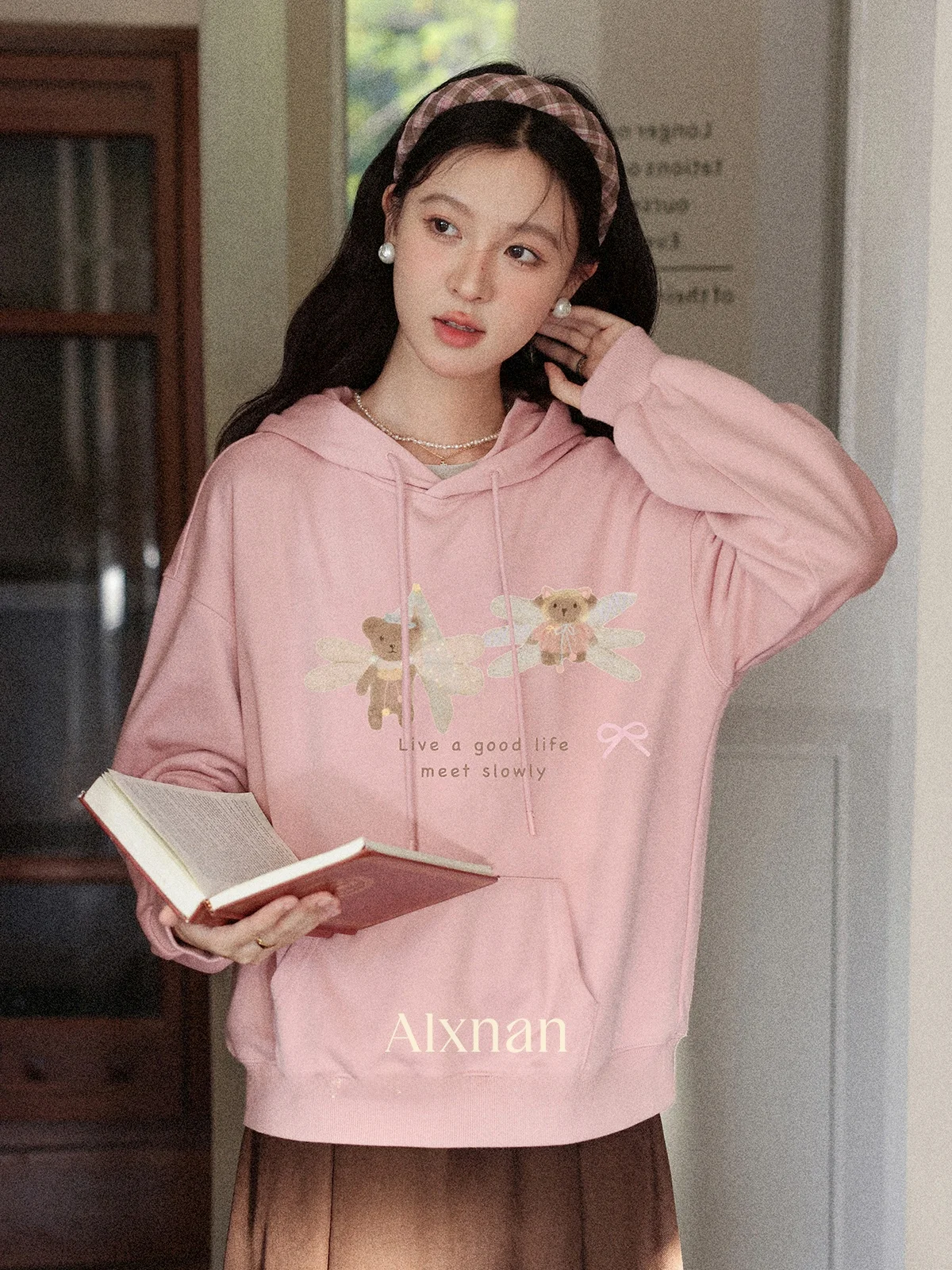 Felpa con cappuccio lunga Sve rosa Cartoon Felpa ampia da donna Autunno New Sle Comodo streetwear