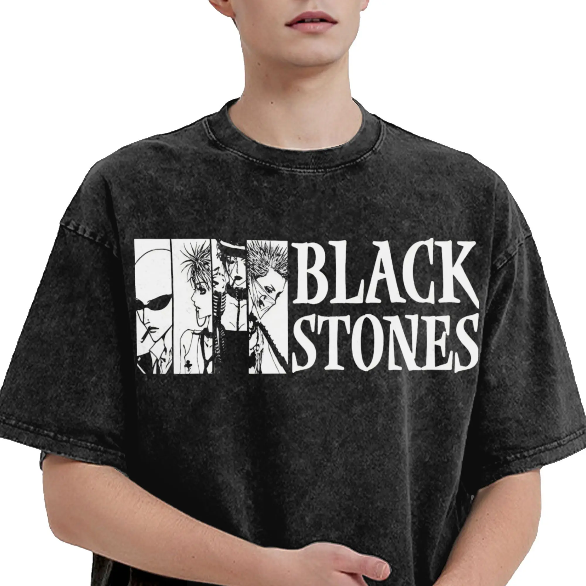 日本のマンガブラックストーンナナ Tシャツヒップホップウォッシュ半袖原宿 Tシャツヴィンテージ男性ストリート夏の Tシャツ