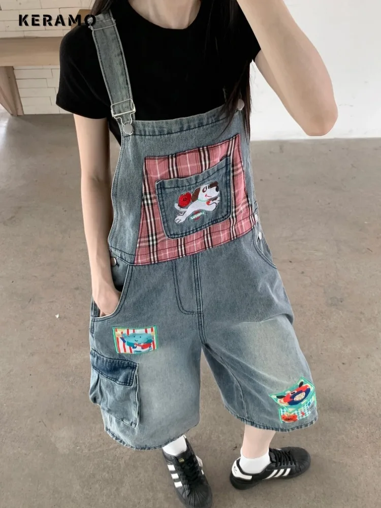 

2025 Summer Sweet Casual Pockets Sleeveless Jumpsuits Vintage Loose Blue Trousers Women Y2K Cartoon Embroidery Denim Rompers