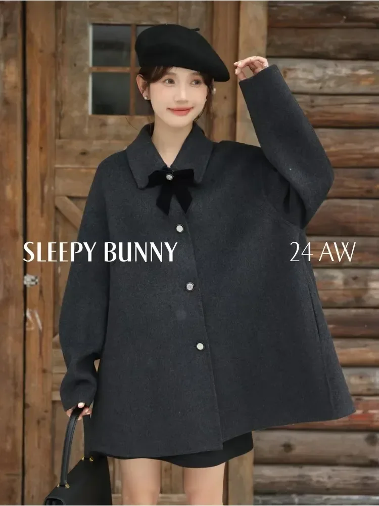 

Premium Wool Double-Sided Cloak Coat Women Retro Style Black Lapel Overcoat Elegant Loose Fit High-End Woolen Cape Jacket 2025