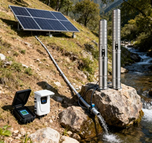 대유량 고양정 4JSC 48V 550W DC 48M 헤드 스테인리스 스틸 농업용 태양광 워터 펌프 기계