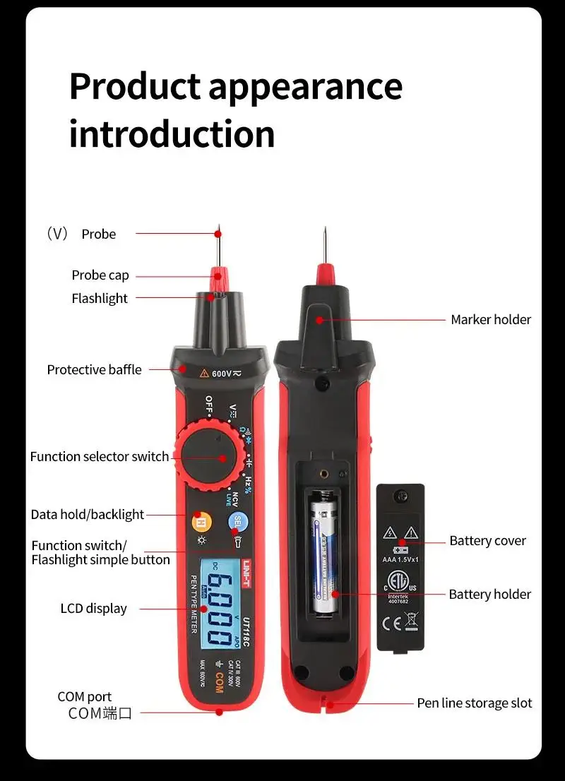 Imagem -05 - Pen tipo Multímetro Digitais 6000 Contagens Tensão ac dc Capacitância de Resistência Diodo de Freqüência ef Ncv Multi Tester Uni-t-ut118c