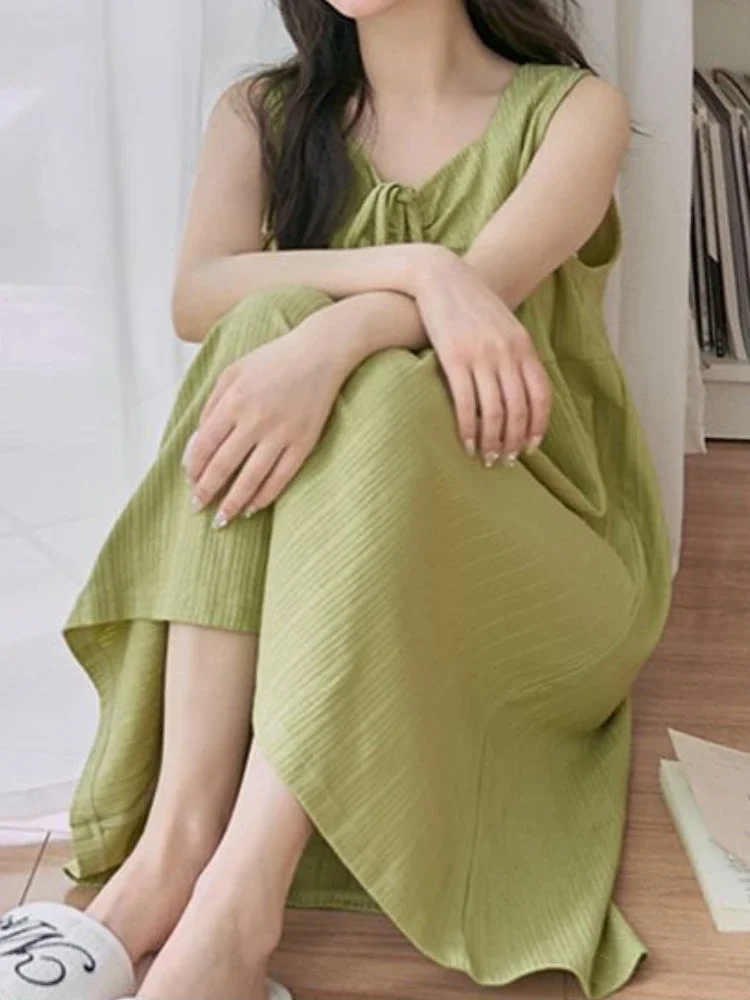 Midi Nightgowns Women Pure Summer Sleeveless Home Wear Simple Korean Style Graceful Female Sweet Leisure Comfortable Sleepwear