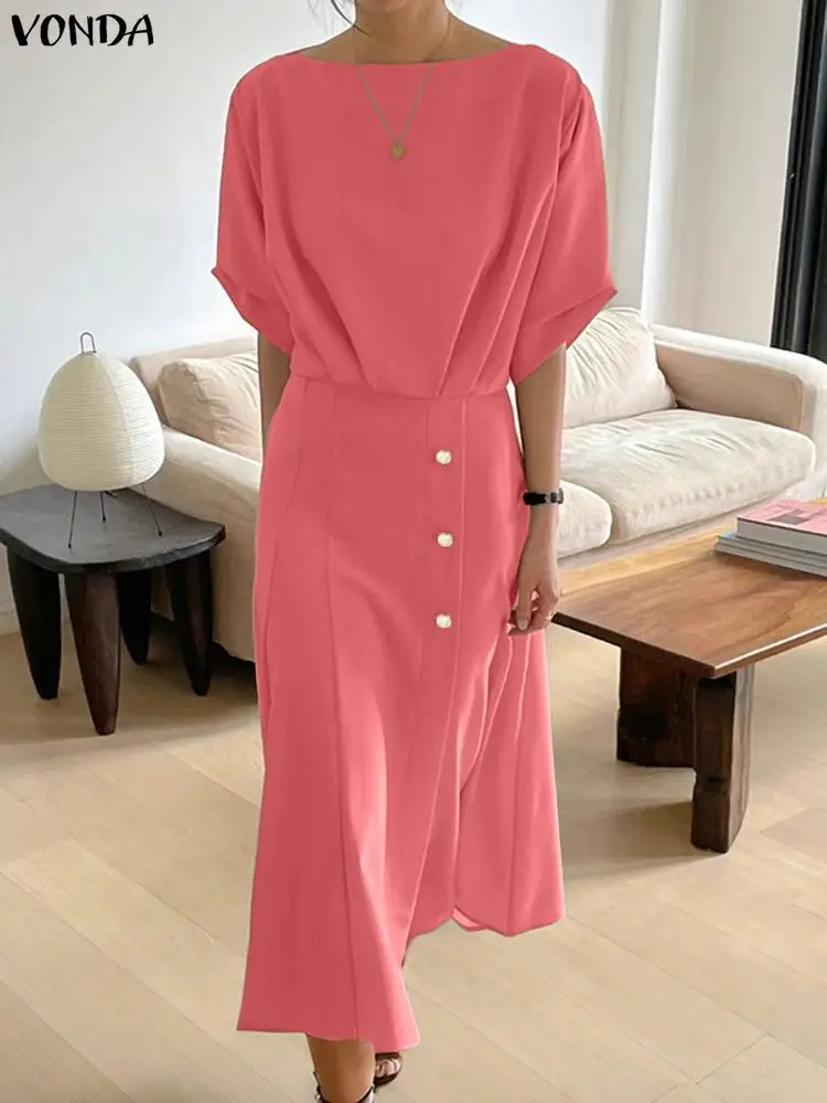 2025 VONDA Donne di Estate Eleganti Abiti Midi Manica 3/4 di Colore Solido Camicia Lunga Abiti Moda Casual Allentato Pieghettato Vestito Da Partito