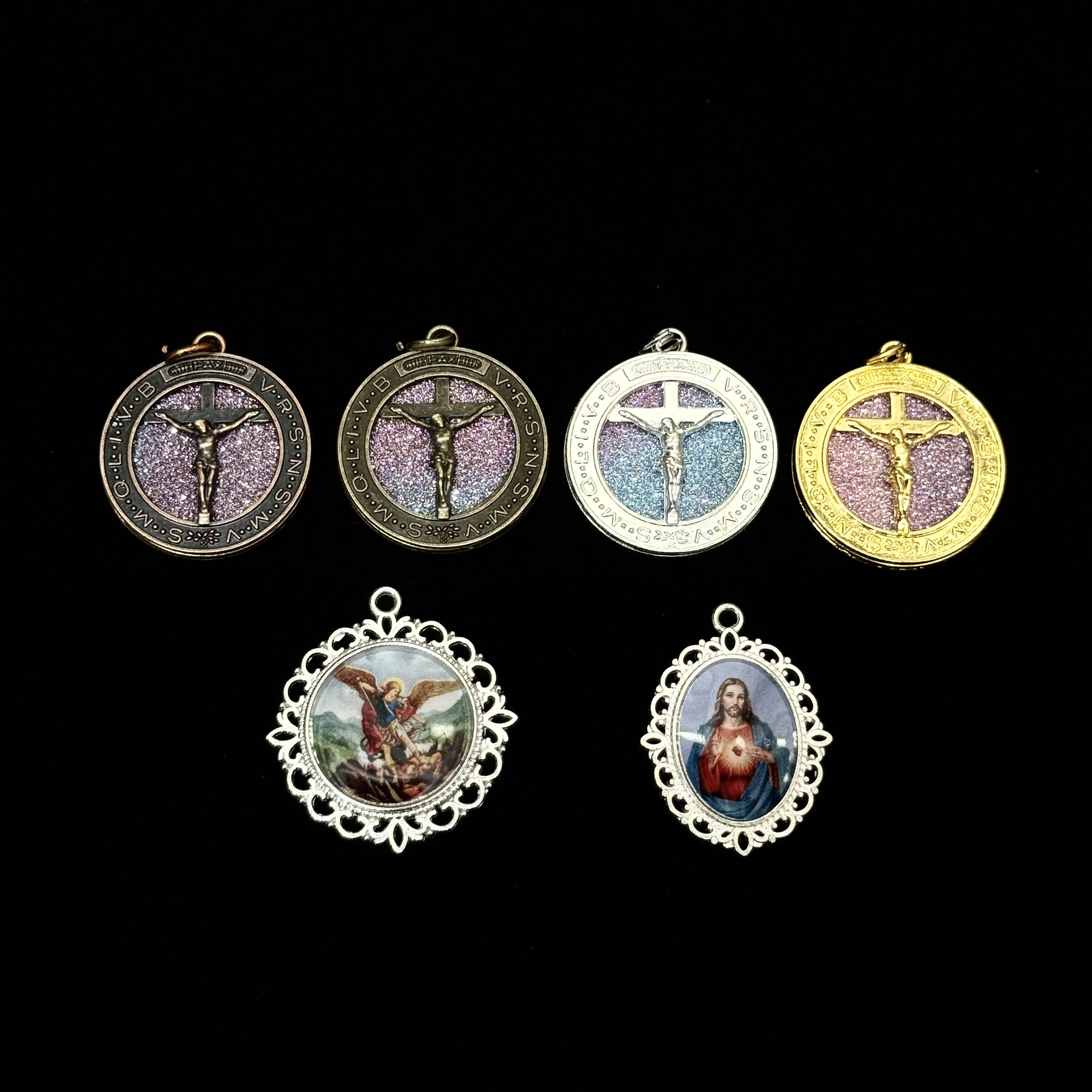 5Pcs Round Glitter Crucifix Medal Zinc Alloy Lace Frame Photo Religious Pendant DIY Rosary Necklace Charm