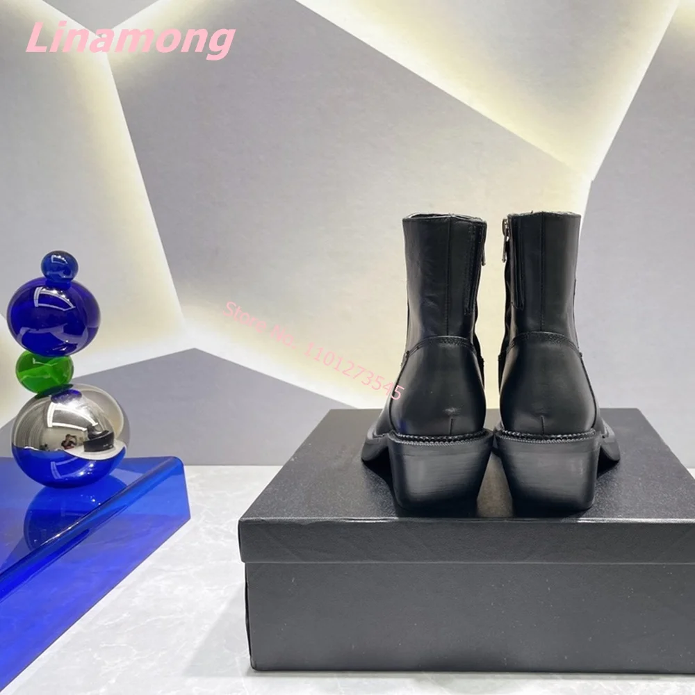 2024 Winter New Women Solid Ankle Boots Leather Free Shipping Luxury Pointed Toe Gladiator Square Low Heel Cool Office Shoes