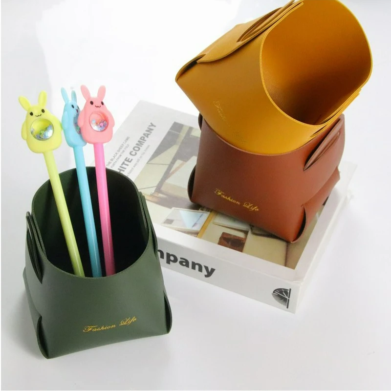 Multi-functional PU Leather Desktop Organizer, Foldable Pen Holder, Desk Storage Basket for Stationery Cosmetics